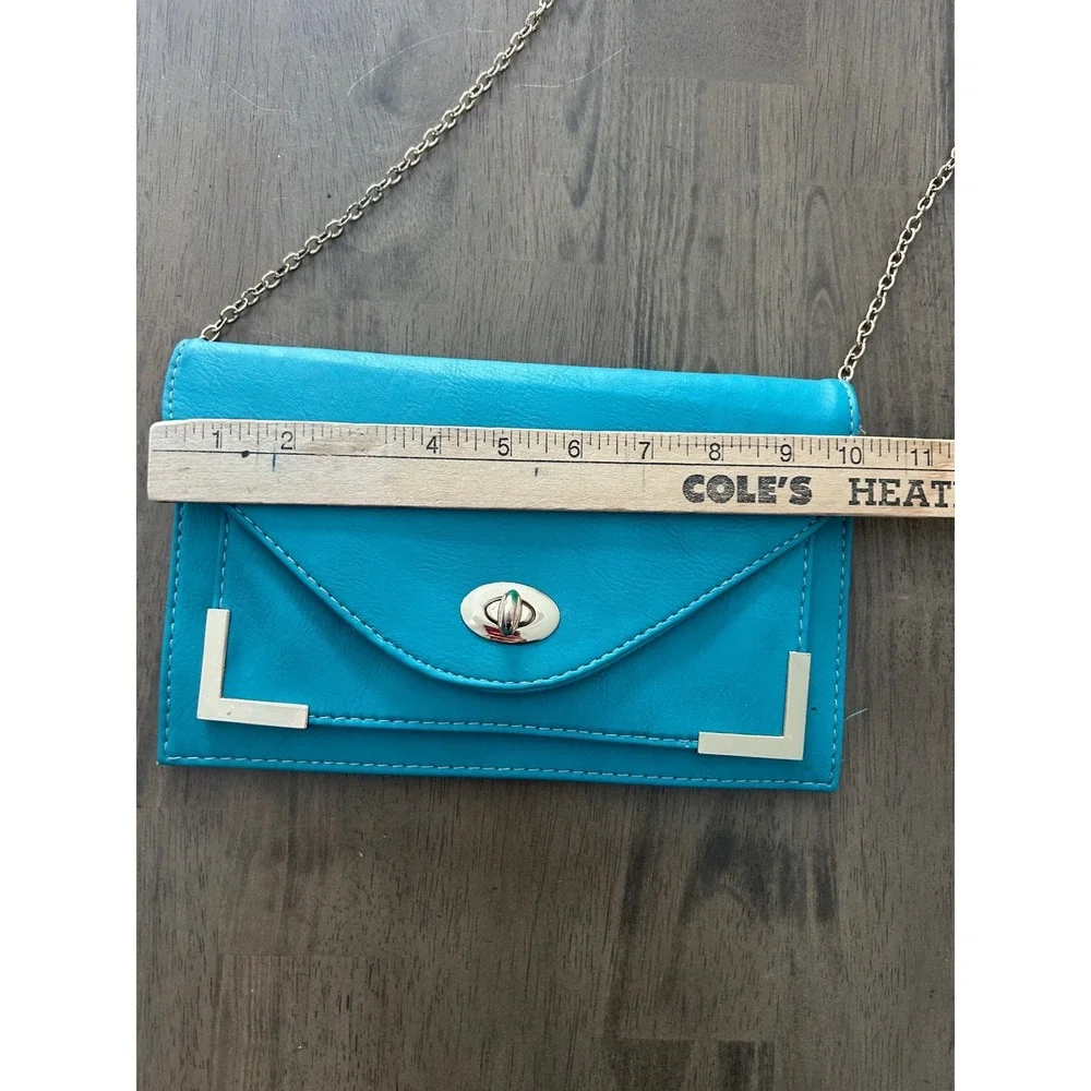 Teal Envelope Clutch Bag Gold Hardware Chain Strap Crossbody Turquoise Faux Leat